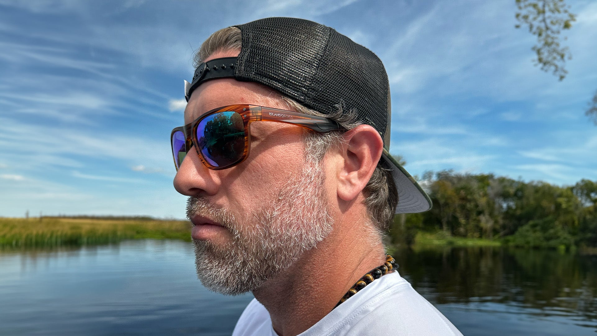 Angler wearing polarized fishing sunglasses, focusing on a clear view of the water while casting a fishing rod on a sunny day.