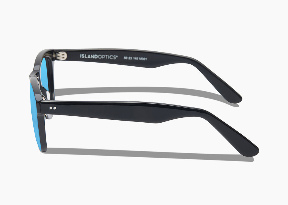 frame|gloss black|lens|blue flash mirror