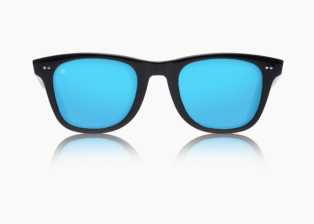 frame|gloss black|lens|blue flash mirror