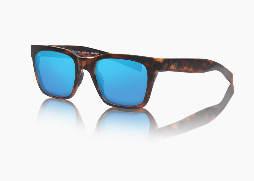 frame|matte tortoise|lens|blue flash mirror